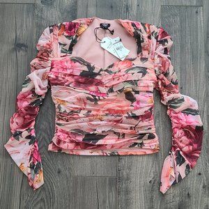 Express Body Contour Floral Mesh Crop Blouse